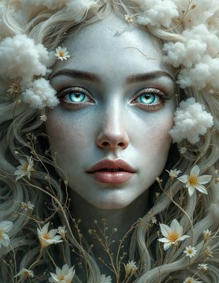 The primary subject of the image is a woman with blonde hair, who is wearing a flower crown and has blue eyes. She is surrounded by a field of white flowers, which adds to the overall beauty of the scene. The visual style of the image is digital art, giving it a surreal and dreamy quality. The colors and mood of the image are predominantly white and pastel, creating a serene and peaceful atmosphere.